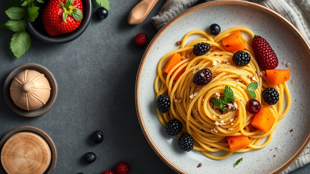 Spaghetti with Sweet Potatoes and Berries