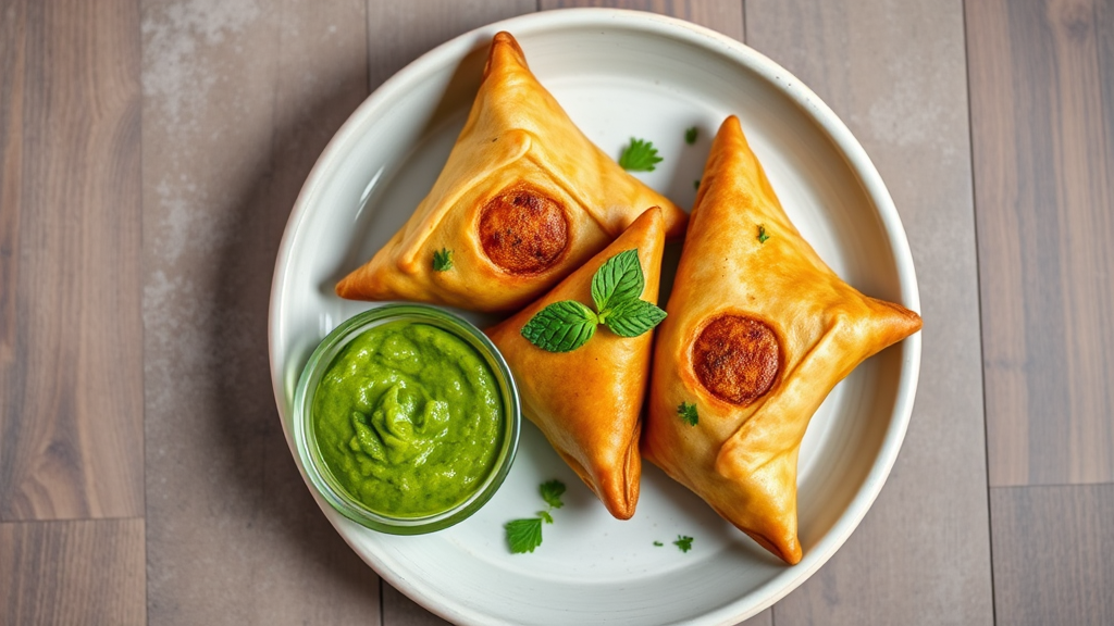 Spiced Chicken Samosas with Mint Chutney