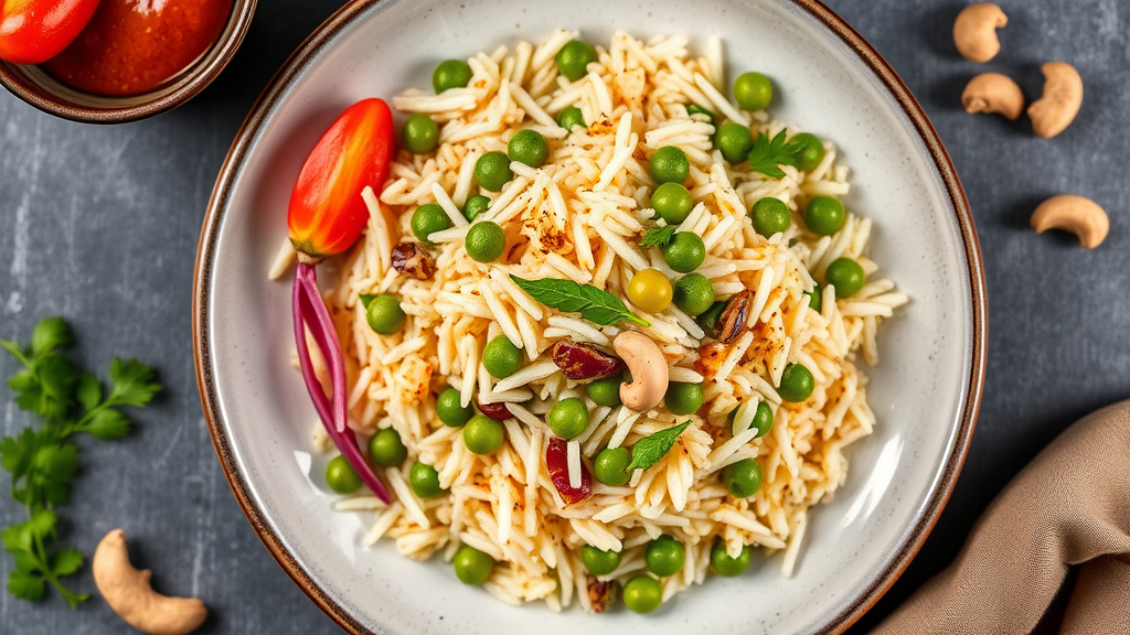 Spiced Coconut Rice with Peas and Cashews