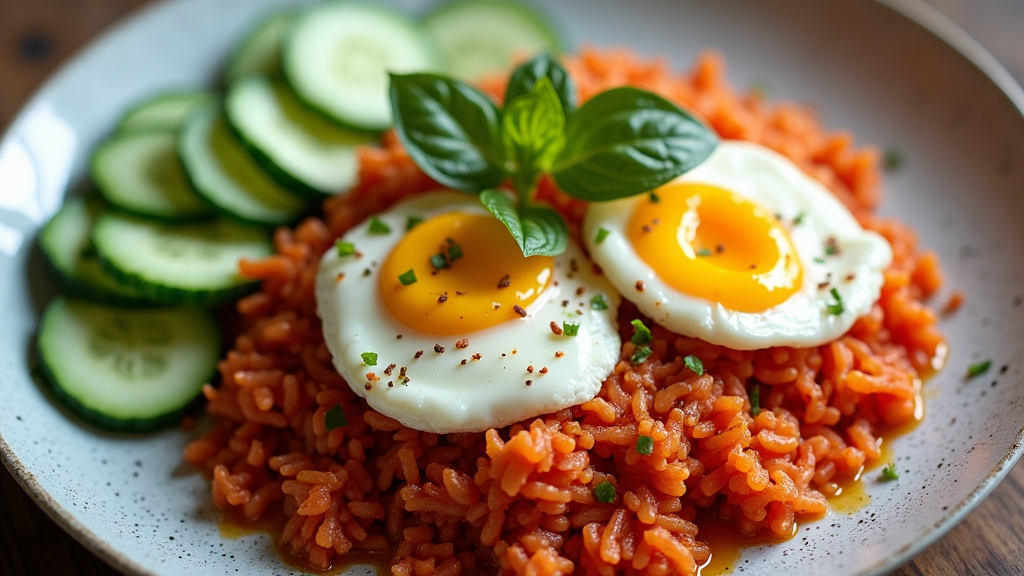 Spiced Tomato Rice with Eggs and Cucumber Salad