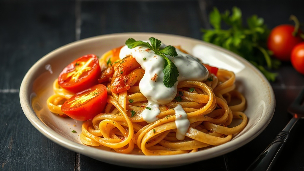 Spicy Basa Noodles with Greek Yogurt Sauce