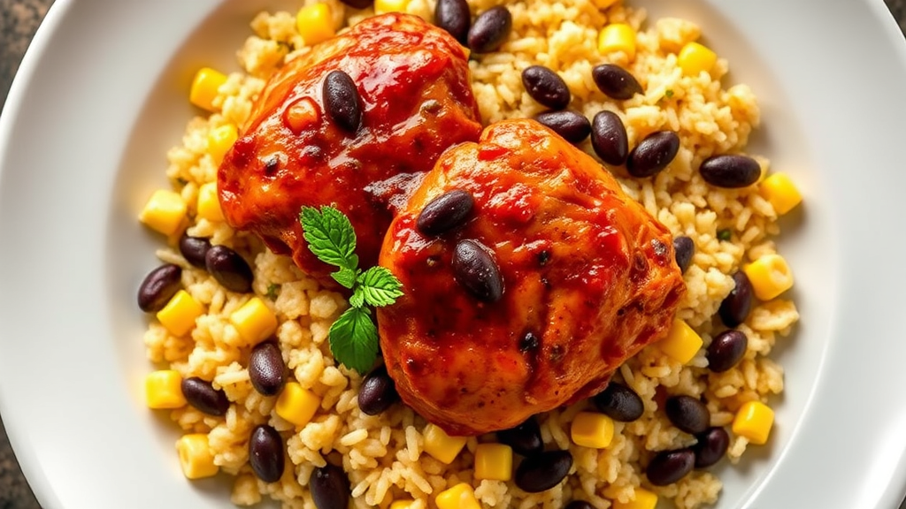 Spicy Chicken Thighs with Black Beans and Corn Rice