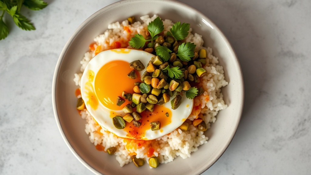 Spicy Egg & Rice Bowl with Pistachio-Caper Salsa