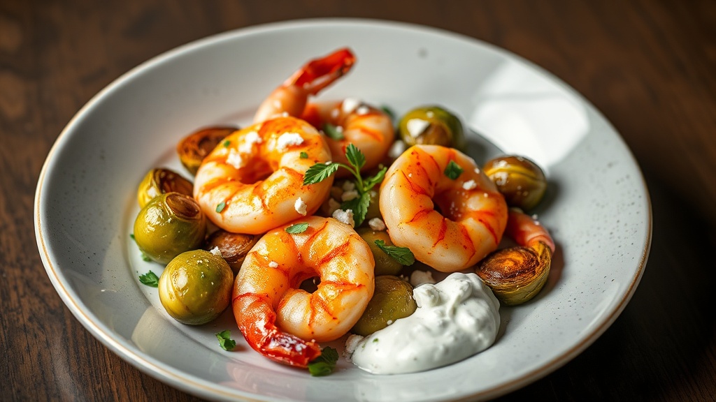 Spicy Shrimp with Roasted Brussels Sprouts and Yogurt Feta Sauce