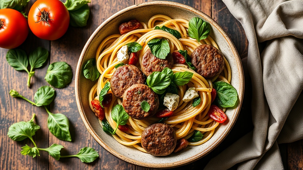 Spinach and Beef Patty Pasta Bowl