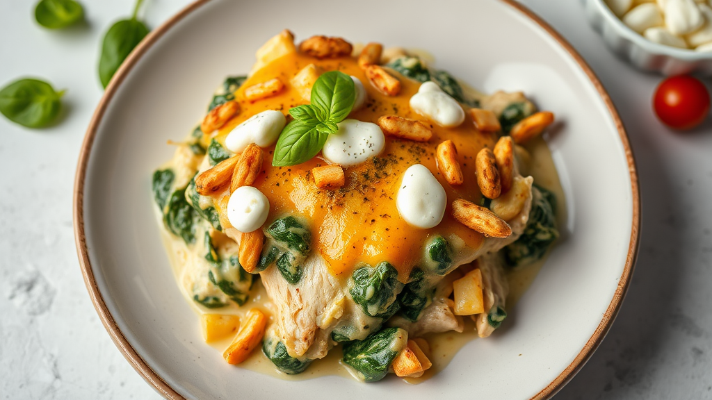 Spinach Chicken Casserole with Cream Cheese and Mozzarella