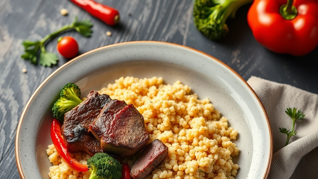 Steak and Couscous Bowl with Broccoli and Red Pepper