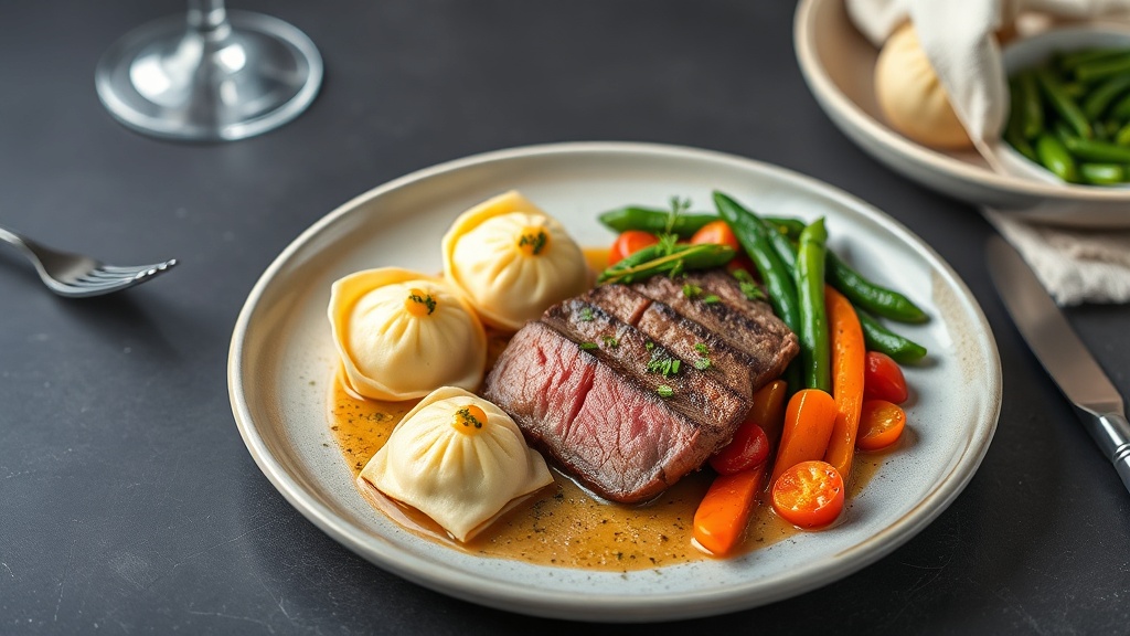 Steak Haché with Maultaschen and Sautéed Vegetables