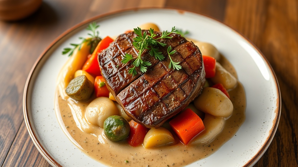 Steak Haché with Vegetable Medley and Maultaschen Sauce