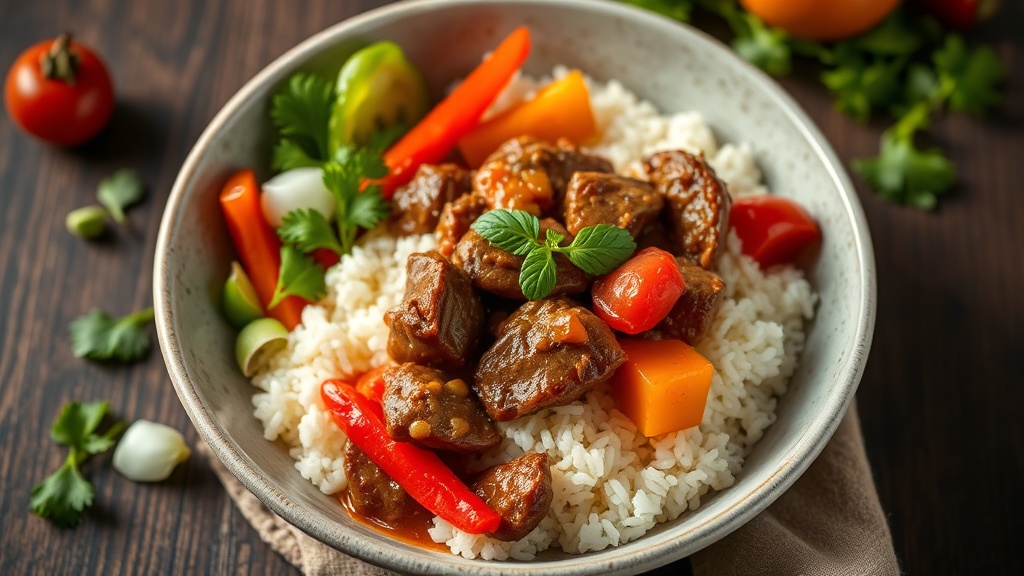 Stew Meat and Bell Pepper Rice Bowl