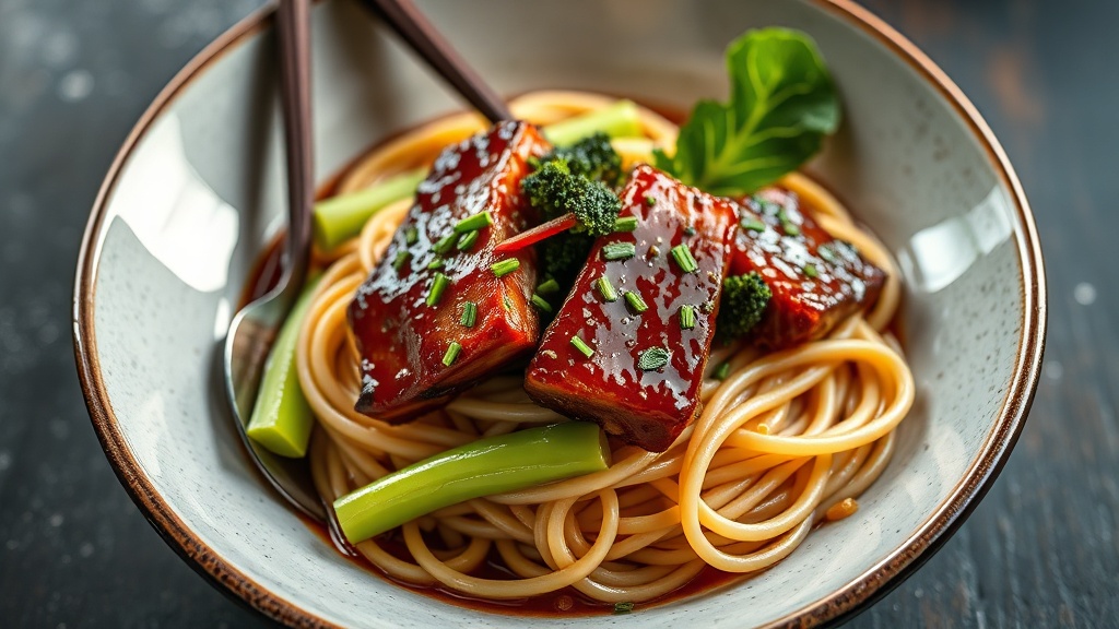 Sticky Pork Belly with Udon Noodles and Pak Choi