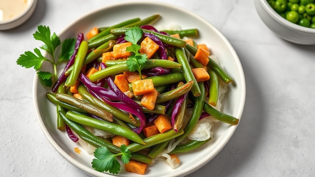 Stir-Fried Runner Beans and Red Cabbage with Rice Noodles