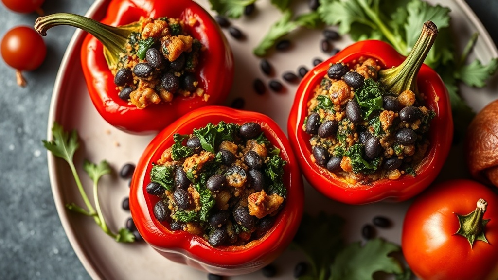 Stuffed Red Peppers with Black Beans and Kale