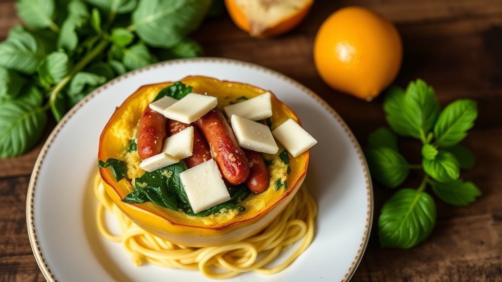 Stuffed Spaghetti Squash with Chicken Feta Sausage, Spinach, Fontina, and Gouda