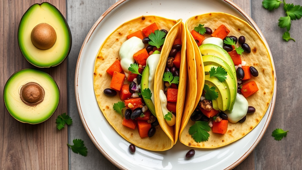 Sweet Potato and Black Bean Tacos with Avocado Lime Crema