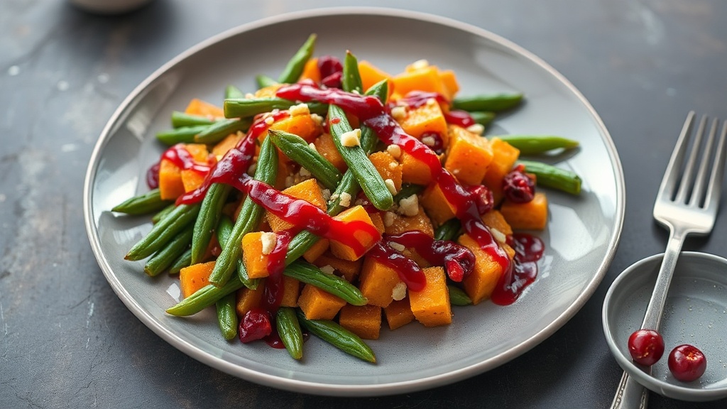 Sweet Potato and Green Bean Casserole with Cranberry Drizzle