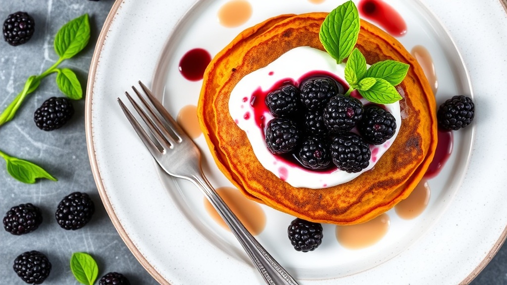 Sweet Potato and Peanut Butter Pancakes with Blackberry Yogurt