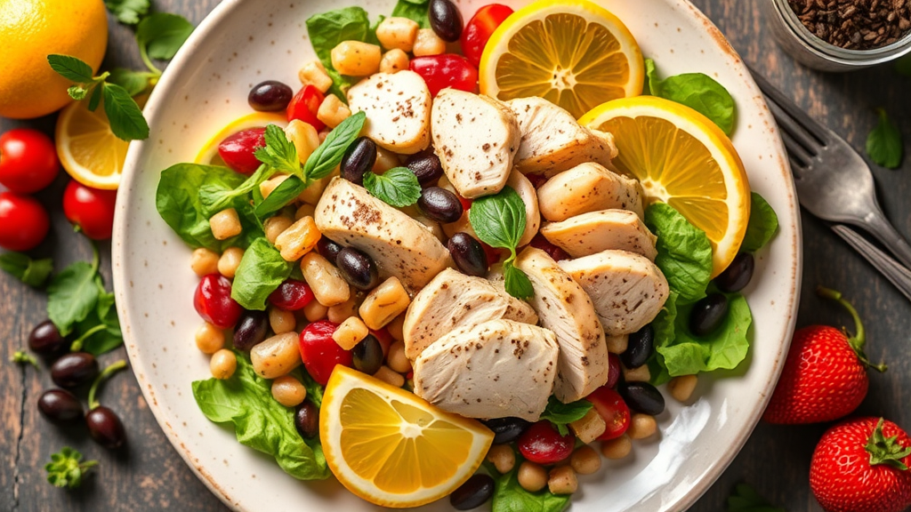 Tangy Citrus Chicken Salad with Mixed Beans and Fresh Fruits