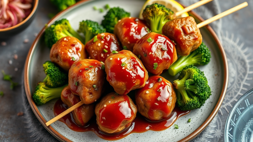 Teriyaki Meatball-Broccoli Kebab