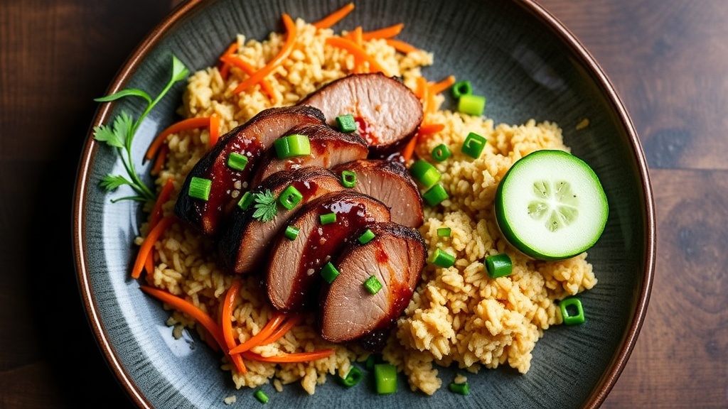 Teriyaki Pork Tenderloin with Ginger Carrot Rice and Cucumber Salad