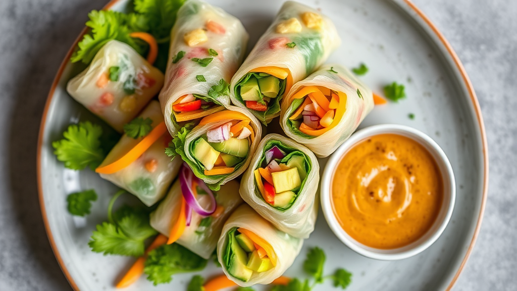 Thai Mango Avocado Spring Rolls with Spicy Peanut Dipping Sauce