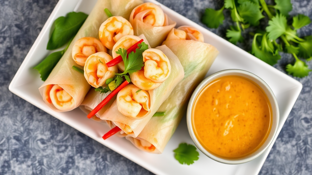 Thai Shrimp and Mango Spring Rolls with Spicy Peanut Dipping Sauce