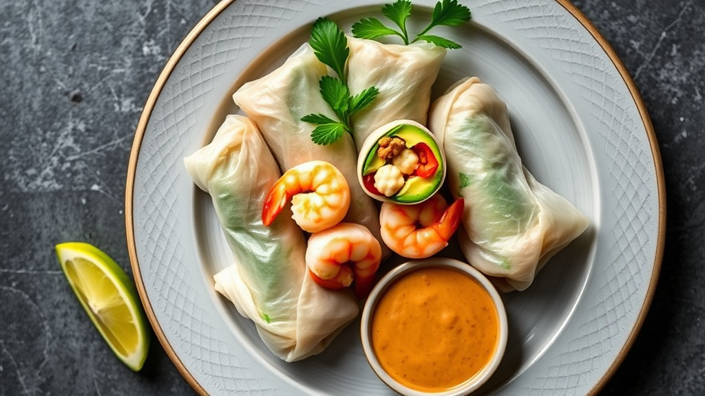 Thai-inspired Shrimp and Avocado Spring Rolls with Spicy Peanut Dipping Sauce