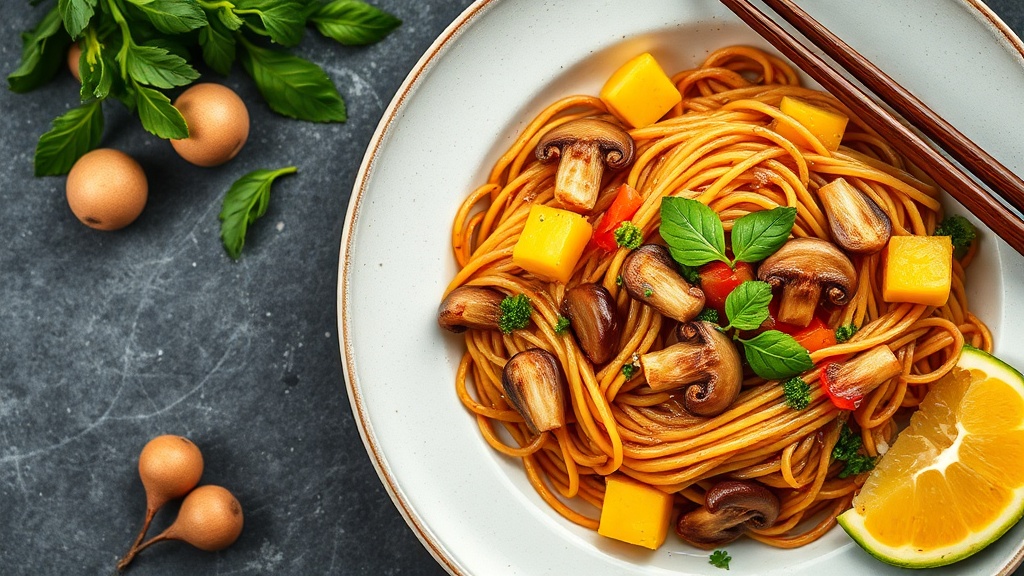 Tropical Noodle Stir-Fry with Pineapple and Champignons