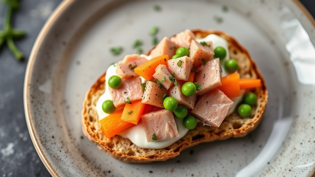 Tuna and Yogurt Rye Toast with Carrots and Peas