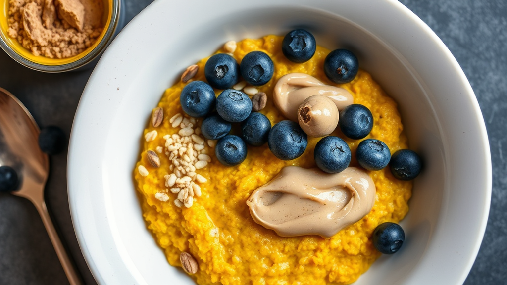 Turmeric Oatmeal Bowl with Blueberries and Almond Butter