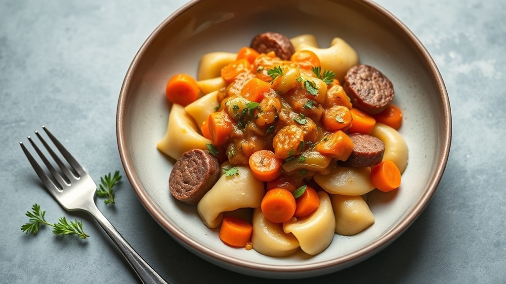 Vegan Honeynut Squash Sauce over Gnocchi with Carrots, Leeks, and Plant-Based Sausage
