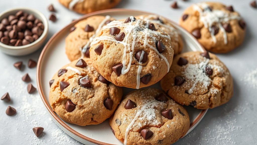 Whole Wheat Chocolate Chip Cookies with Powdered Sugar Drizzle