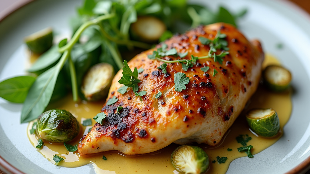 Yogurt Marinated Chicken Thighs with Brussels Sprouts and Arugula Spinach Salad
