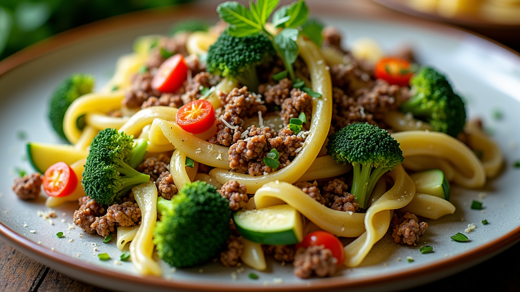 Zucchini and Broccoli Pasta with Ground Beef