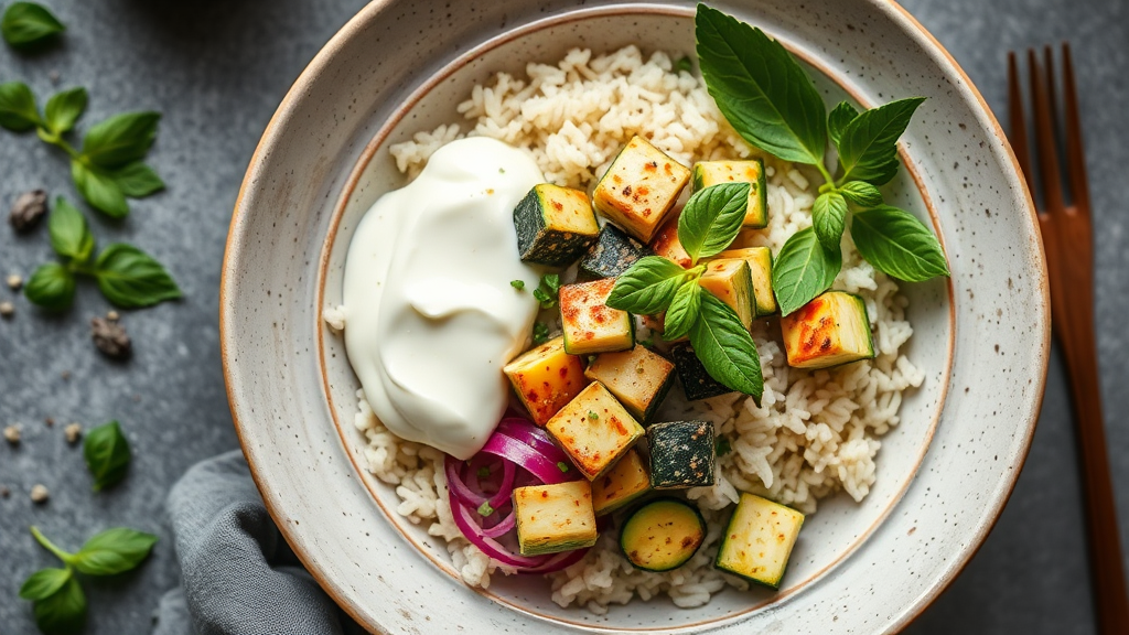 Zucchini and Tofu Rice Bowl with Tahini Yogurt