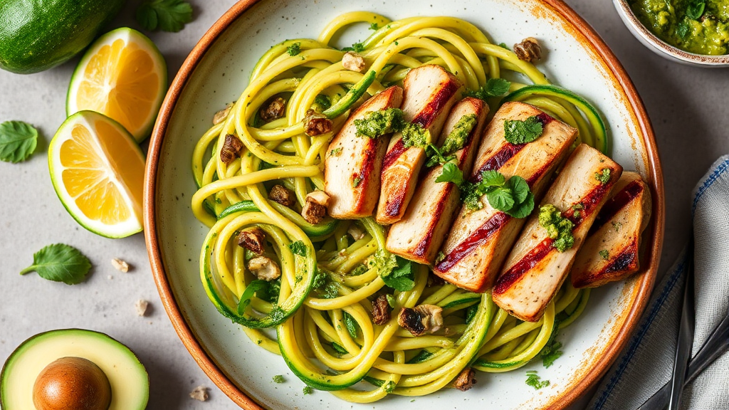 Zucchini Noodles with Avocado Pesto and Grilled Chicken
